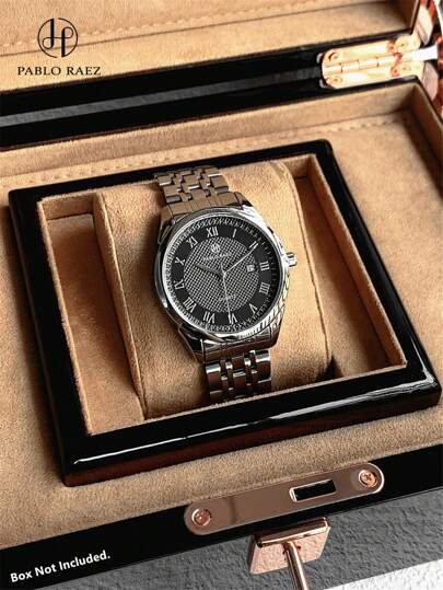 Pablo Raez 1pc Superior Jewelry Summer Accessories Man Watch High Level Business Wristwatch For Man Stainless Steel IPS Silver Case Luxury Solid Stainless Steel Bracelets Chain Fashion Glamorous Black Dial With Date 50M Waterproof Top Brand New Male Charming Quartz Wristwatch Sports Casual Clock Nice Teacher Gifts Hours For Friend Or Family Father Presents Fit For Daily Life/Work/Party Decorations Dress Watch Birthday Graduation Wedding Presents