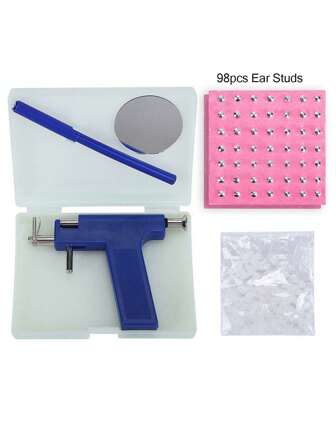 1 Stück professioneller Ohrpiercing-Satz, 1 Stück Ohrpiercing-Pistole, 98 Stück Edelstahl Ohrstecker, 1 Stück Markierstift und 1 Stück Spiegel, Edelstahl Ohrpiercing-Pistole für Nase, Ohr, Nabel, Lippen