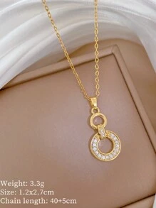 1pc Stainless Steel Chain Necklace And Earrings Set, Luxury Rhinestone Interlock Pendant And Earring Jewelry Gift - Gold - View 6
