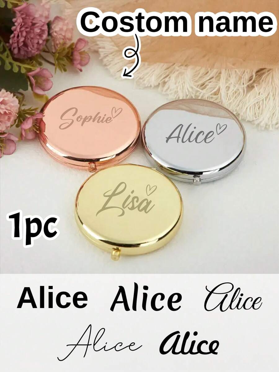 1pc Custom Engraved Compact Mirror - Elegant Stainless Steel, Personalized Pocket Makeup Mirror With Magnification