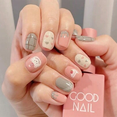 24 件圣诞元素亮面短方形按压指甲，粉色和绿色纯色亮面美甲，带有圣诞熊图案，包括 1 个指甲锉和 1 个果冻凝胶，适合女士和女孩，秋冬美甲用品