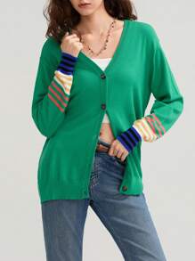Women's Striped Cardigan V Neck Long Sleeve Button Down Knit Tops For Fall Streetwear - Green - View 5