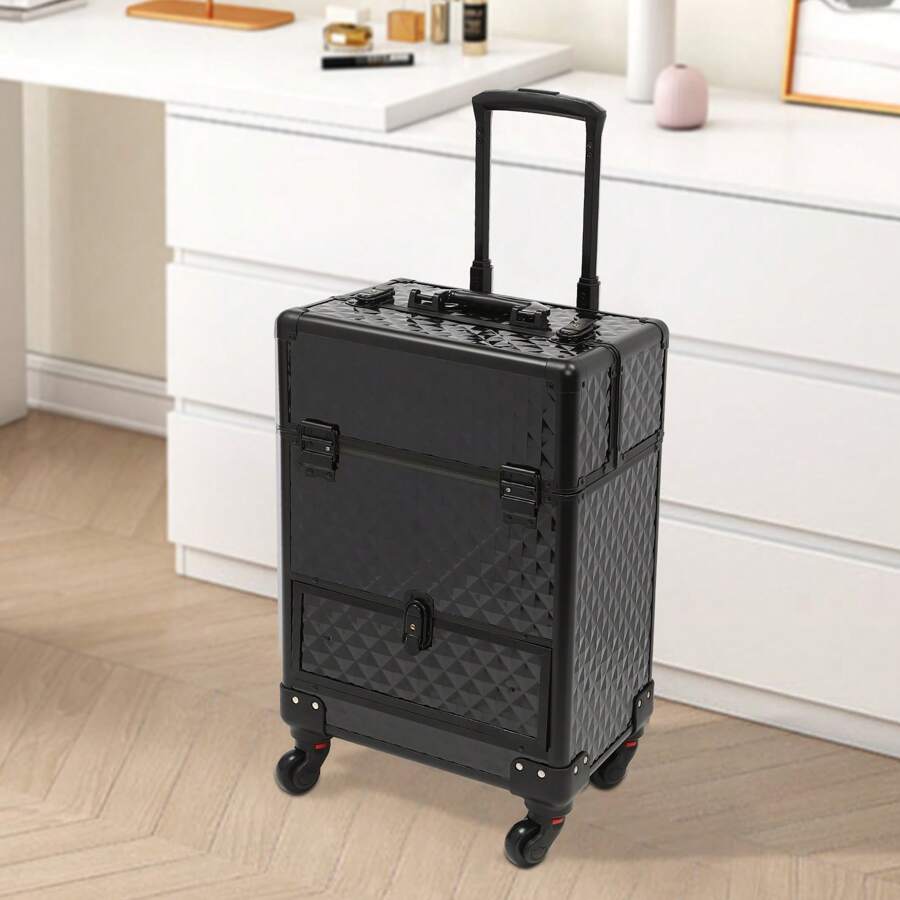 CNCEST 3 In 1 Aluminum Rolling Makeup Case, Rolling Nail Case Professional Portable Cosmetic Trolley Large Storage For Studio Or Travelling Nail Technician Artists Cosmetologist Stylist (4 Types, Optional) - Black - View 1