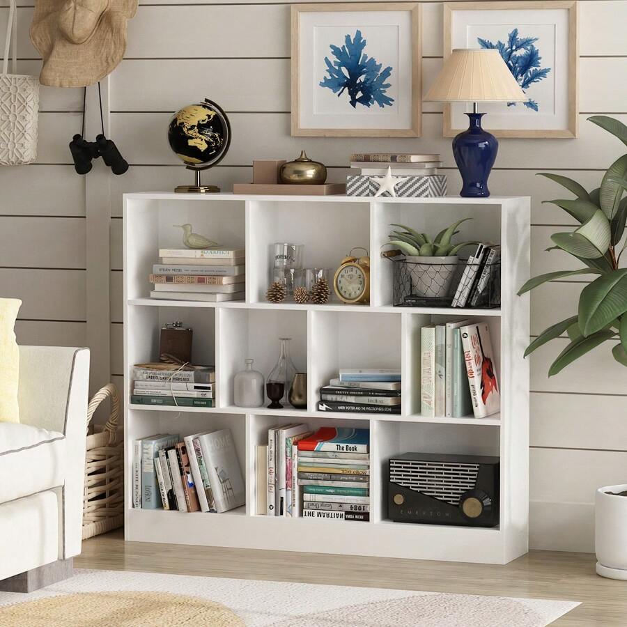 ECACAD Bookcase, Wood Bookshelf With 3 Tier Open Shelves, 8-Cube Storage Organizer Display Shelf For Living Room, Home Office, White