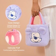 Miniso 迪士尼米奇毛绒手提包 - 紫粉色双面收纳袋 - 时尚百搭卡通毛绒斜挎包 - 女士生日礼物手提包 - 紫色 - 查看 3
