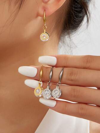 1 对 18K 镀金华丽风格不锈钢方晶锆石耳坠女士珠宝首饰婚礼派对约会礼物