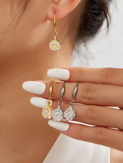 1 对 18K 镀金华丽风格不锈钢方晶锆石耳坠女士珠宝首饰婚礼派对约会礼物