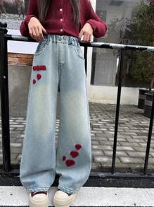 Tween Girl Heart Embroidered Straight Wide-Leg Denim Jeans For Autumn/Spring - Blue - View 6