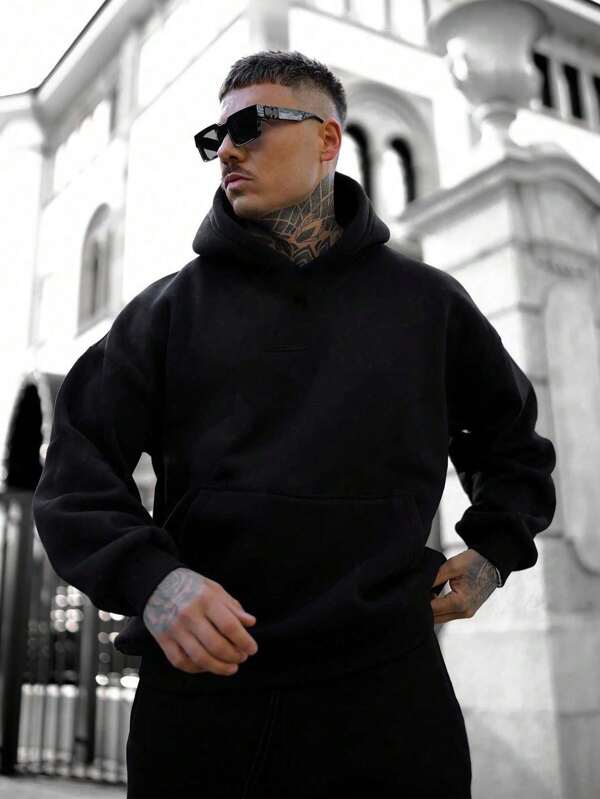 Plus Size Men Hooded Solid Color Sweatshirt, Autumn/Winter