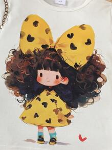 2 件装年轻女孩休闲可爱蝴蝶和心形印花图案柔软针织面料短袖 T 恤和牛仔效果打底裤套装，春夏