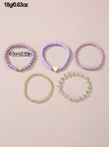5pcs/Set Girls' Heart Shaped Beaded & Pearl Bracelets - Love - View 7