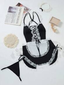 Valentine's Day Costume Maid Outfit, Women's Sexy Lingerie With Lace Trim, Bow Tie Criss-Cross Strap Dress & Headband Cosplay Set - Black - View 7