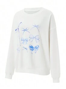 Women Sweatshirt, Long Sleeve Crew Neck Bow Print Hoodie Pullover Casual Fall Tops - 白色 - 查看 7