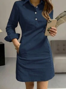 春秋新款时尚休闲翻领纽扣装饰长袖女式短连衣裙，优雅 - 藏蓝色 - 查看 6