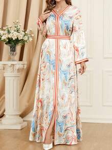 Women's Printed V-Neck Long Sleeve Abaya, Minimalist Design, Long Length