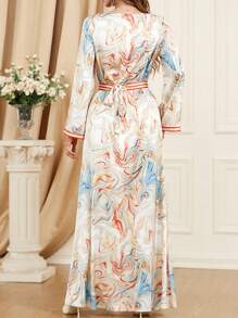 Women's Printed V-Neck Long Sleeve Abaya, Minimalist Design, Long Length