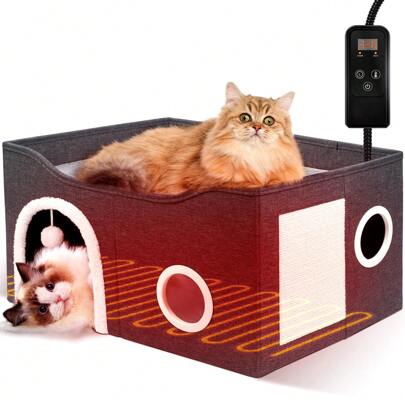 Indoor Heated Cat House, Adjustable Temperature Cat Heating Bed With Timer And Chew Resistant Cord, Large Cat House With Heating Pad For Small Medium And Large Cats
