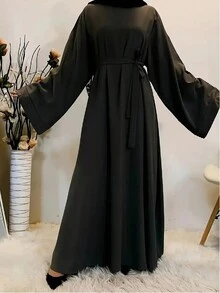 Fashiona Women's Plain Round Neck Abaya Loose Long Robe Modest Long Sleeve Dress - Black - View 3