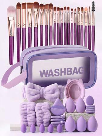 Kit de bolsa de maquiagem com 45 peças, incluindo: 1 bolsa de maquiagem, 20 pincéis de maquiagem, 5 esponjas de maquiagem, 5 esponjas de pó, 5 mini esponjas de maquiagem, 5 mini esponjas de dedo, 1 faixa de cabeça, 2 pulseiras, 1 ferramenta de limpeza, bolsa de armazenamento de cosméticos de grande capacidade, organizador de maquiagem para viagem, itens essenciais transparentes, acessórios de armazenamento com zíper, unhas