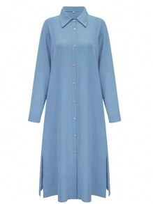 Women's Solid Color Long Sleeve Single-Breasted Casual Elegant Shirt Dress