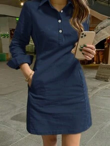春秋新款时尚休闲翻领纽扣装饰长袖女式短连衣裙，优雅 - 藏蓝色 - 查看 4
