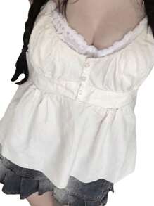 Camiseta de mujer de verano informal con cuello en V profundo, sin mangas, volantes en el bajo y de un solo tirante, en colores lisos o a cuadros