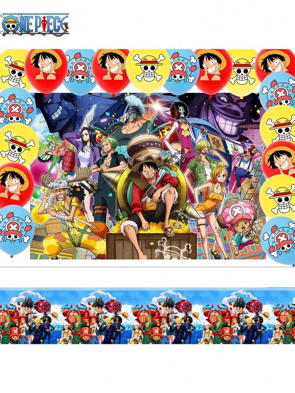 TOEI ANIMATION 20 PIEZAS Conjunto de globos con licencia oficial de One Piece, tema del Rey de los Ladrones, decoración de fiesta de cumpleaños, graduación, suministros impresos con tema de animación, telón de fondo, pastel, bandera, mantel, decoración para interiores y exteriores, adorno, decoración del Día de los Caídos, regalo para amigos y familiares