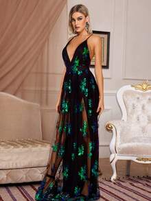 Sexy Retro Backless Sequined Green Evening Dress - Green - View 3