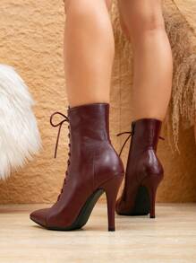 Women's Fashion Pointed Toe High Heel Boots, Mid-Calf Boots With Zipper Inner Side, Lace-Up Autumn/Winter Boots, Comfortable High Heel Party Dress Shoes, Elegant & Sexy Suitable For Formal Occasions