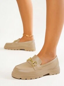 新款女士乐福鞋，软底，套脚式，厚底，金色链条装饰，玛丽珍风格，休闲舒适鞋，平底厚底乐福鞋，百搭鞋，四季皆宜，套脚鞋，适合娇小身材的增高鞋，办公鞋，新款英伦风乐福鞋 - 駝色 - 查看 3