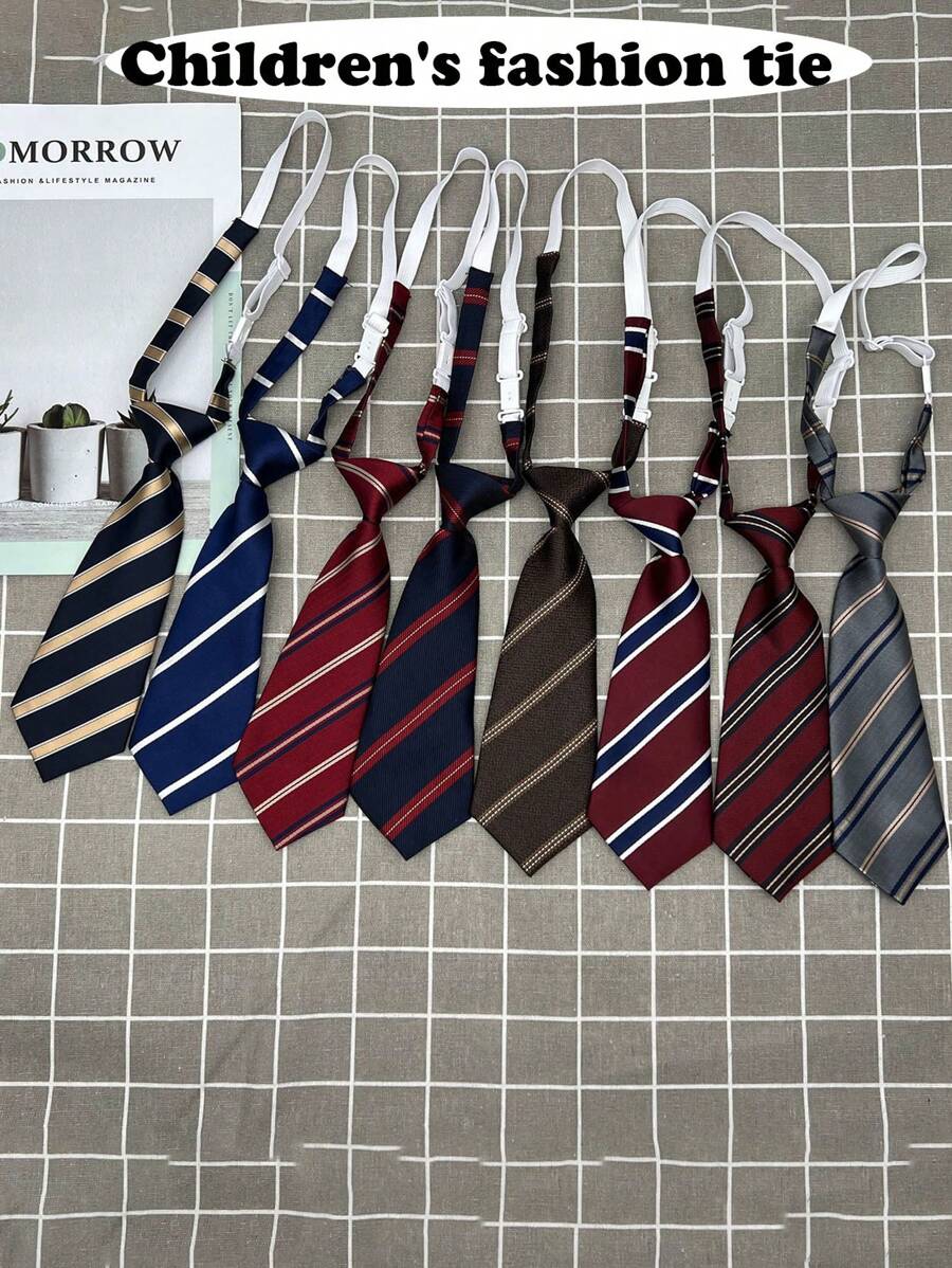 Kids Tie, Fashionable Striped Clip-On Necktie With Crown Decor, School Style - Multicolor - View 1