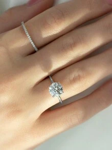 ESBERRY 1枚优雅925纯银四爪镶嵌独特设计钻石戒指，单钻订婚戒指，女士珠宝礼物，订婚礼物，派对礼物 - 銀色 - 查看 4