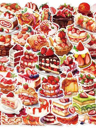 50 张草莓蛋糕甜点涂鸦贴纸，防水，适用于杯子、午餐盒、冰箱、笔记本电脑装饰