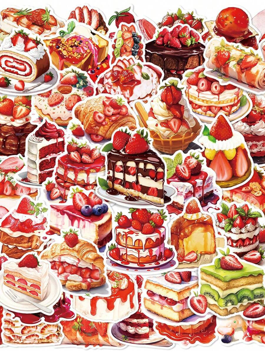 50 张草莓蛋糕甜点涂鸦贴纸，防水，适用于杯子、午餐盒、冰箱、笔记本电脑装饰 - 彩色 - 查看 1