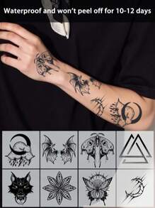 8 stuks Europese stijl tijdelijke tatoeages Geometrisch waterdicht zweetbestendig Blijft 1-2 weken zitten Realistisch kruidensap Niet-reflecterend Anti-wrijving Nep zwarte nep-tatoeages voor mannen en vrouwen Tatoeagestickers voor arm, borst, taille, rug, buik, been Modernistische lichaamsversiering