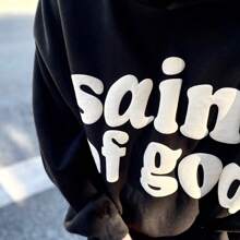 Women's Casual Minimalism "Saint Of God" Letter Print Loose Fit Pullover Hoodie Sweatshirt, Autumn And Winter Long Sleeve Top, As A Gift