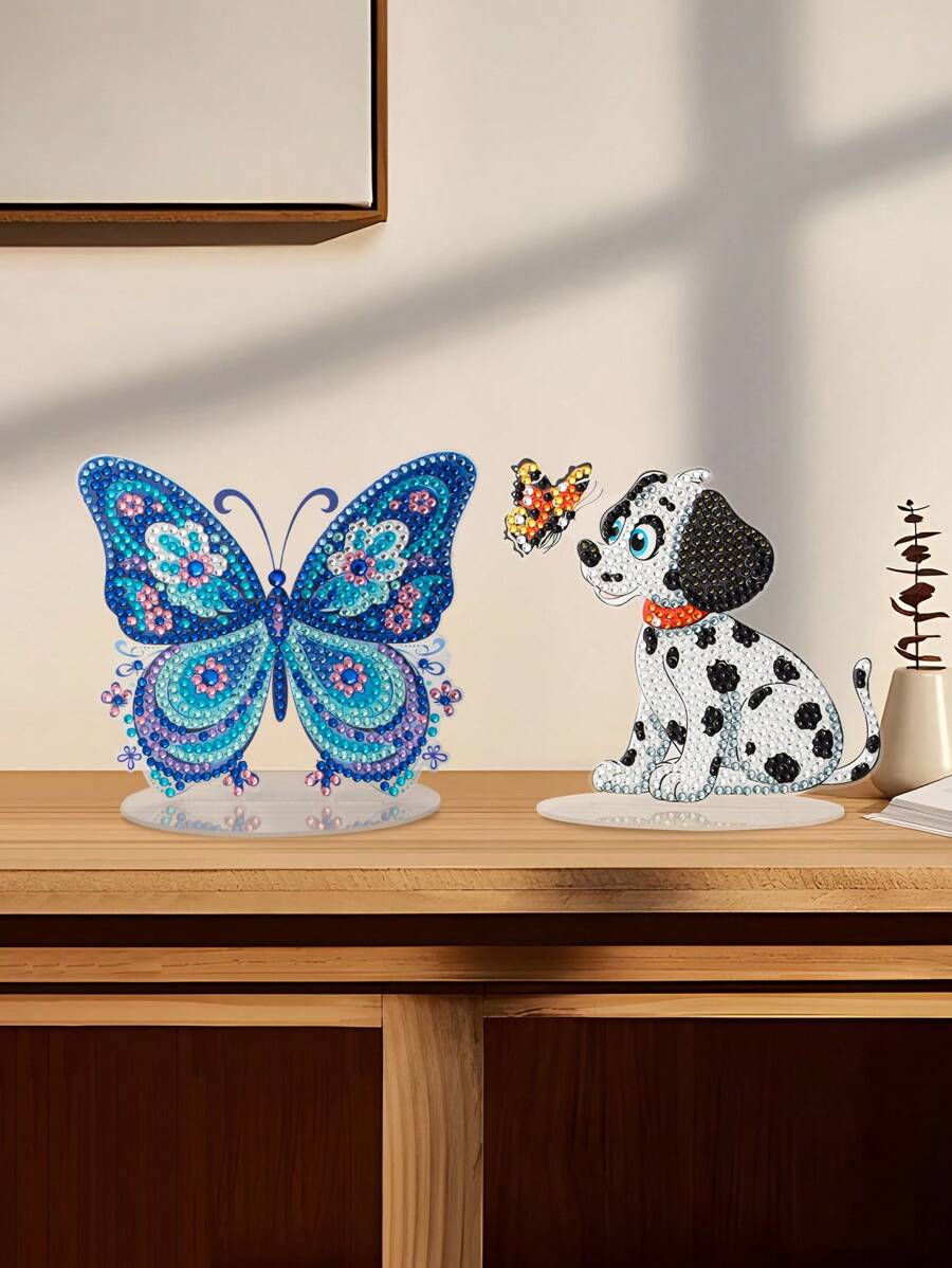 2 Pcs DIY Diamond Painting Ornaments,Diamond Painting Kit Colorful Butterfly Pet Dog, Crystal Glitter Diamond Painting Butterfly Pets, Holiday Party Desktop Decoration Supplies, Handmade Craft Art Decoration, Holiday Decoration Gifts! - Nhiều màu - Xem 1