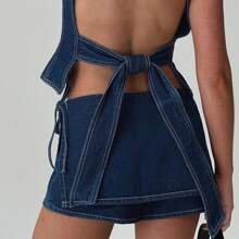 Women Denim Skorts Casual Drawstring Mini Jeans Skirt With Shorts Pockets Y2K Club Streetwear Aesthetic Clothes - 深藍色 - 查看 5