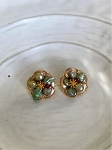 复古油画风格仿珍珠花耳钉，奢华优雅百搭耳环 - 花朵 - 查看 3