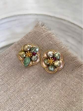 Aretes tipo flor de perlas falsas con estilo de pintura al óleo vintage, elegantes y versátiles, un accesorio lujoso y elegante para el Día de San Valentín
