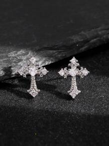 1 对男士时尚优雅耳钉，简约几何独特设计 - 十字 - 查看 15