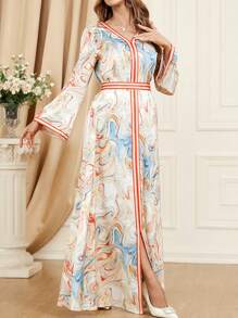 Women's Printed V-Neck Long Sleeve Abaya, Minimalist Design, Long Length