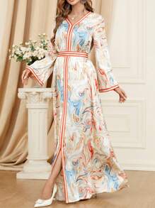 Women's Printed V-Neck Long Sleeve Abaya, Minimalist Design, Long Length