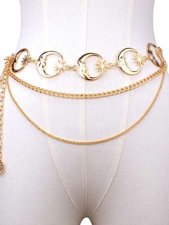 1pc Women's Metal Waist Chain, Versatile Moon Decor Waist Belt, Multi-Layer Metal Cinch Belt, Dress Up Accessory Waist Belt Summer, School Fall, Autumn, Halloween