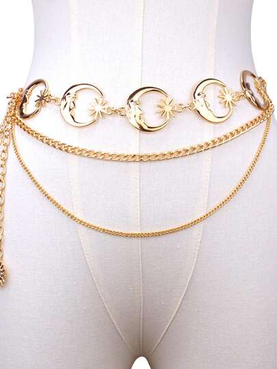 1pc Women's Metal Waist Chain, Versatile Moon Decor Waist Belt, Multi-Layer Metal Cinch Belt, Dress Up Accessory Waist Belt Summer, School Fall, Autumn, Halloween
