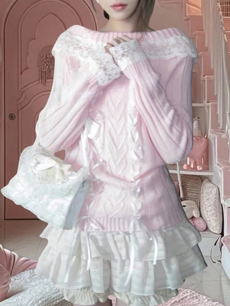 Women Y2k Off Shoulder Sweater Lace Trim Tie-Up Aesthetic Long Sleeve Knitted Pullovers Fall Winter Boat Neck Bow Front Jumper Tops Cutecore Kawaii Clothes For Teen Girls - 粉色 - 查看 1