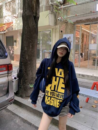 ゆったりフィットロゴプリント長袖パーカースウェットシャツ