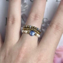 Juego de 3 anillos de mujer con piedras naturales y perlas falsas, de acero inoxidable minimalista de alta gama, apropiado para uso diario, vacaciones, boda y fiesta