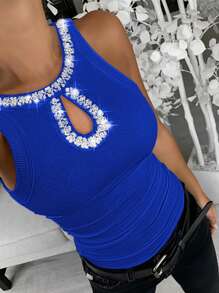 ChicMe Rhinestone Contrast Color Sequin Hollow Out Sleeveless Fitted Ribbed Knit Tank Top, Elegant Women - Blue - View 1