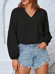 Women's Casual Spring Shirt Notched V Neck Long Sleeve Lightweight Chiffon Solid Autumn Blouses Loose Tunic Office Business Work Wear Pullover Top